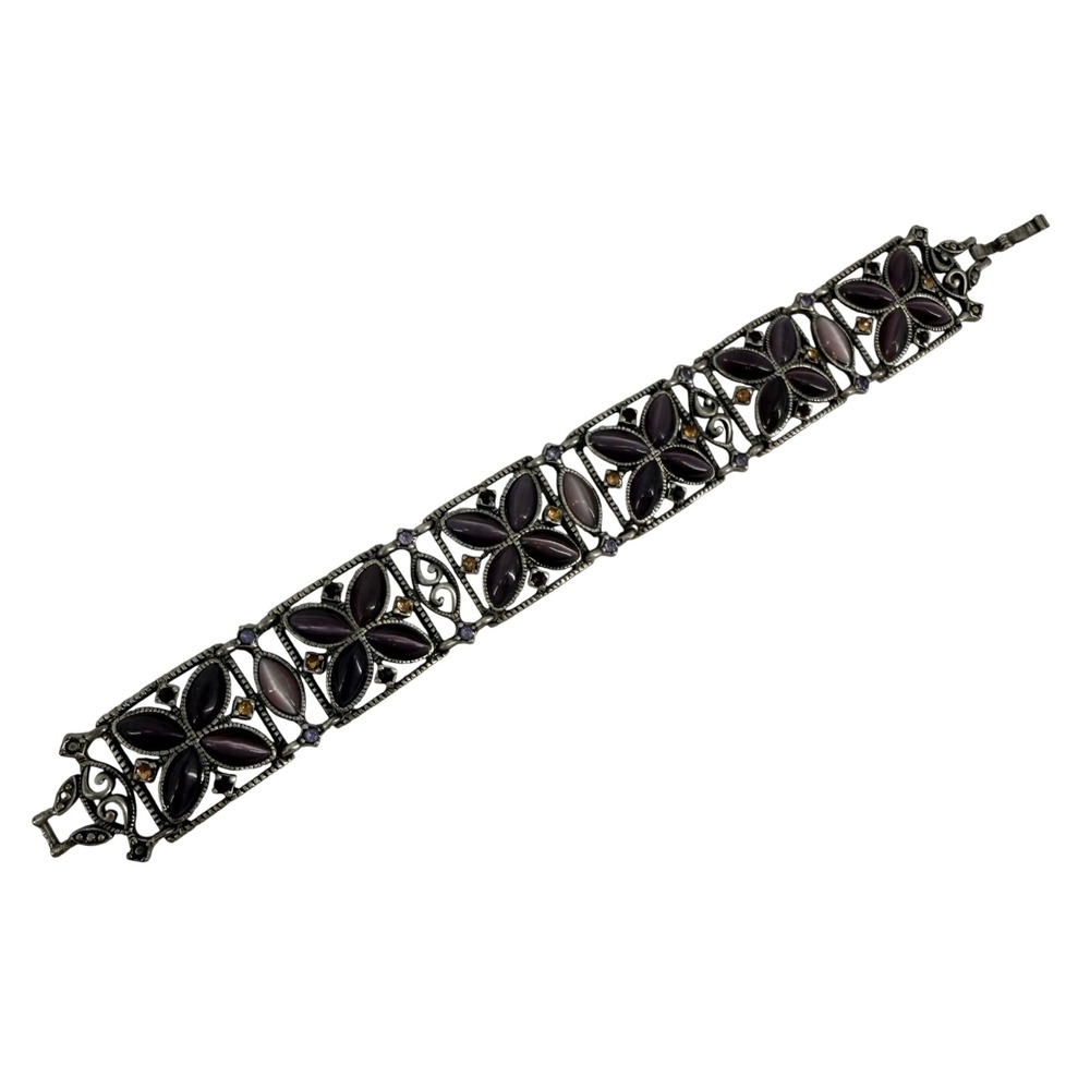 Vintage Signed Monet Purple Cat's Eye Floral Panel Bracelet Antiqued Silver Tone